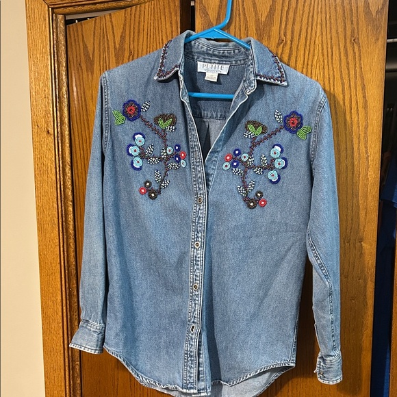 Petite Sophisticate Tops - Petite Sophisticate Blue Embroidered Blouse